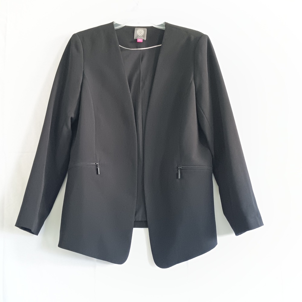 Vince Camuto Blazer Women 12 Black Excellent Open Front Collarless Zip Pockets